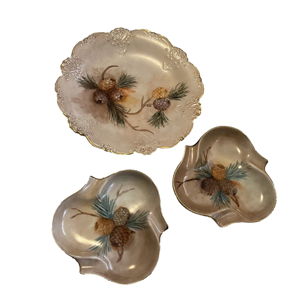 Antique Collectable Candy Serving China Hand Painted Pinecone 3pc Set Gold Rim
